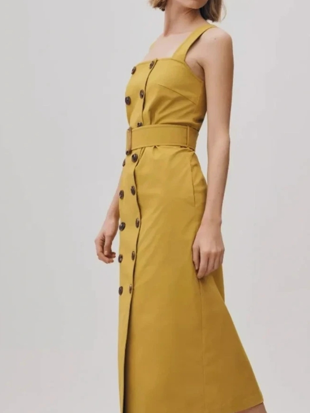 NWT Belted Double-Breasted Trench Style Mustard Midi Dress Mddium - Picture 2 of 5